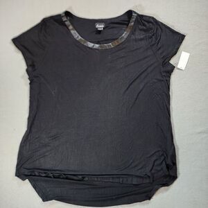 SIMPLY EMMA Short Sleeve‎ Shirt Black with Ribbon Collar High/Low Hem 1X